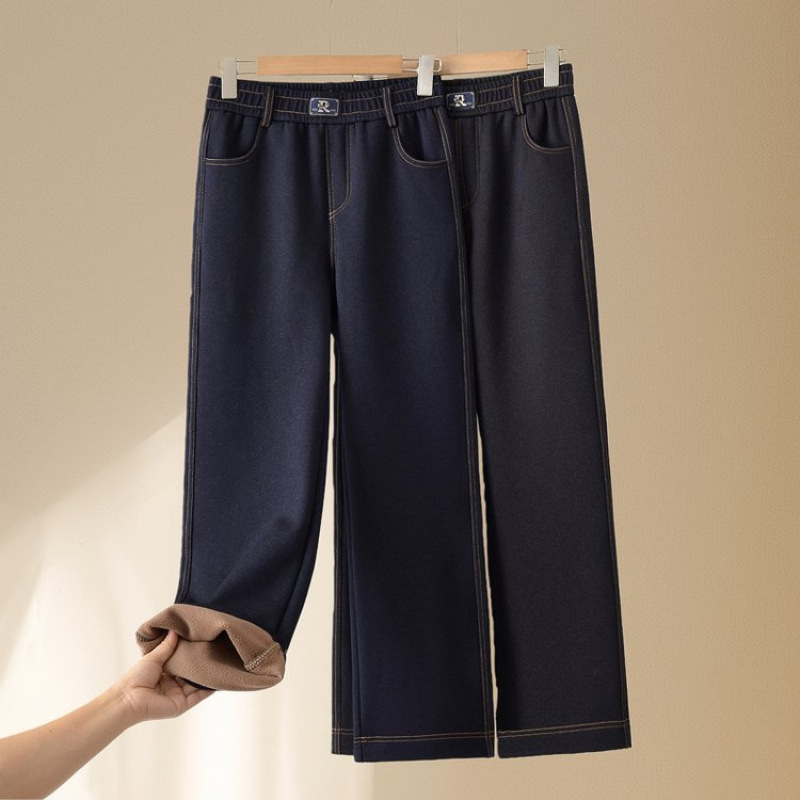 Ženske traperice s fleece podstavom za jesen-zimu, visokim strukom, ravni kroj, denim materijal