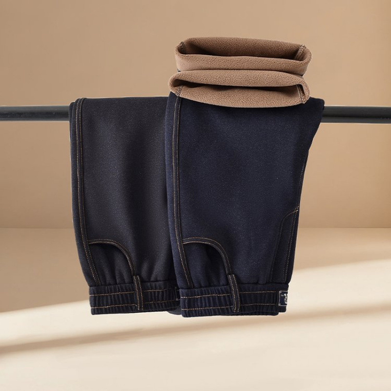 Ženske traperice s fleece podstavom za jesen-zimu, visokim strukom, ravni kroj, denim materijal