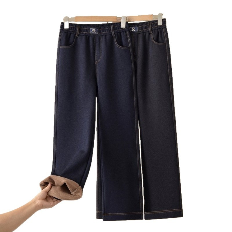 Ženske traperice s fleece podstavom za jesen-zimu, visokim strukom, ravni kroj, denim materijal