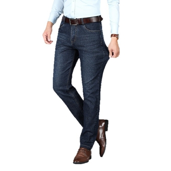 Férfi farmer nadrág fleece béléssel, vastagított, egyenes szárú, középmagas derekú, zipzáras zárás, téli viselet (középmagas derekú, zipzár, fleece bélés, egyenes szár)