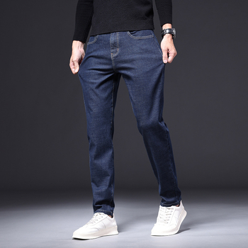 Pánske džínsy z denimu s rovnými nohavicami, stredný pás, mikroelastickosť, výšivka, zimný business casual
