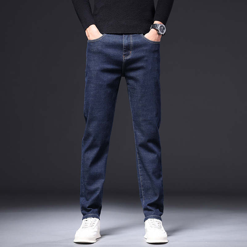 Pánske džínsy z denimu s rovnými nohavicami, stredný pás, mikroelastickosť, výšivka, zimný business casual