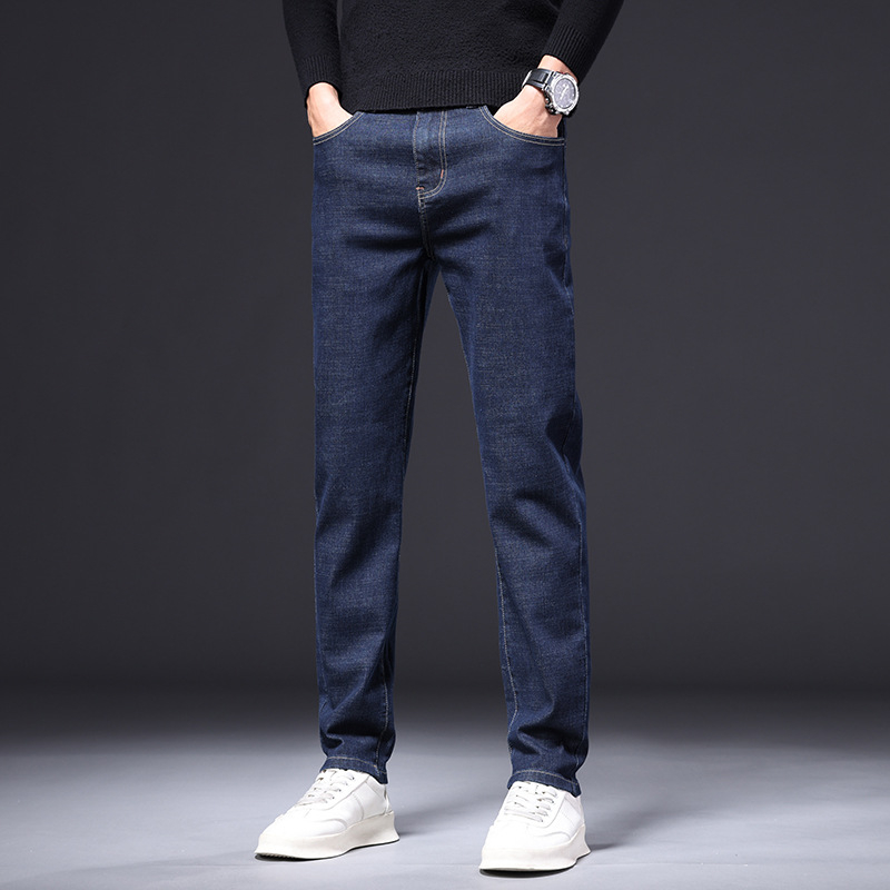Pánske džínsy z denimu s rovnými nohavicami, stredný pás, mikroelastickosť, výšivka, zimný business casual