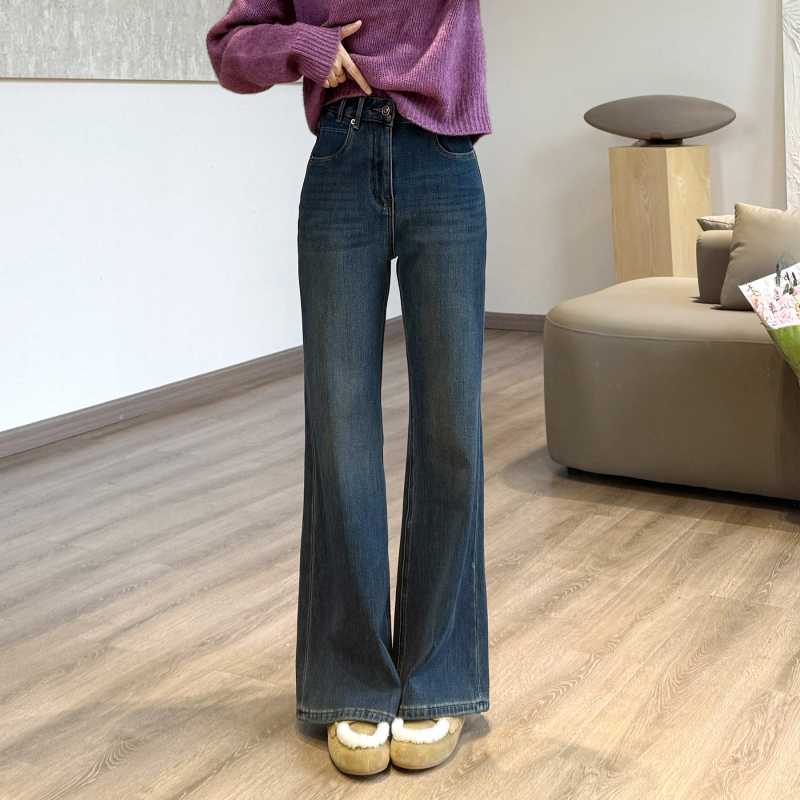 Τζιν από βαμβάκι με φλίς επένδυση, μικροελαστικότητα, χαλαρή γραμμή, ψηλόμεσα, κομψό αστικό στυλ