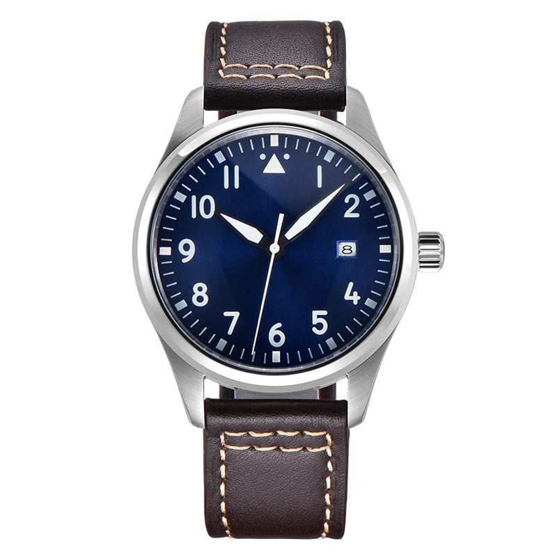 Mechanikus karóra lumineszkáló számlappal, rozsdamentes acél tokkal, bőrszíjjal, 30M vízállósággal