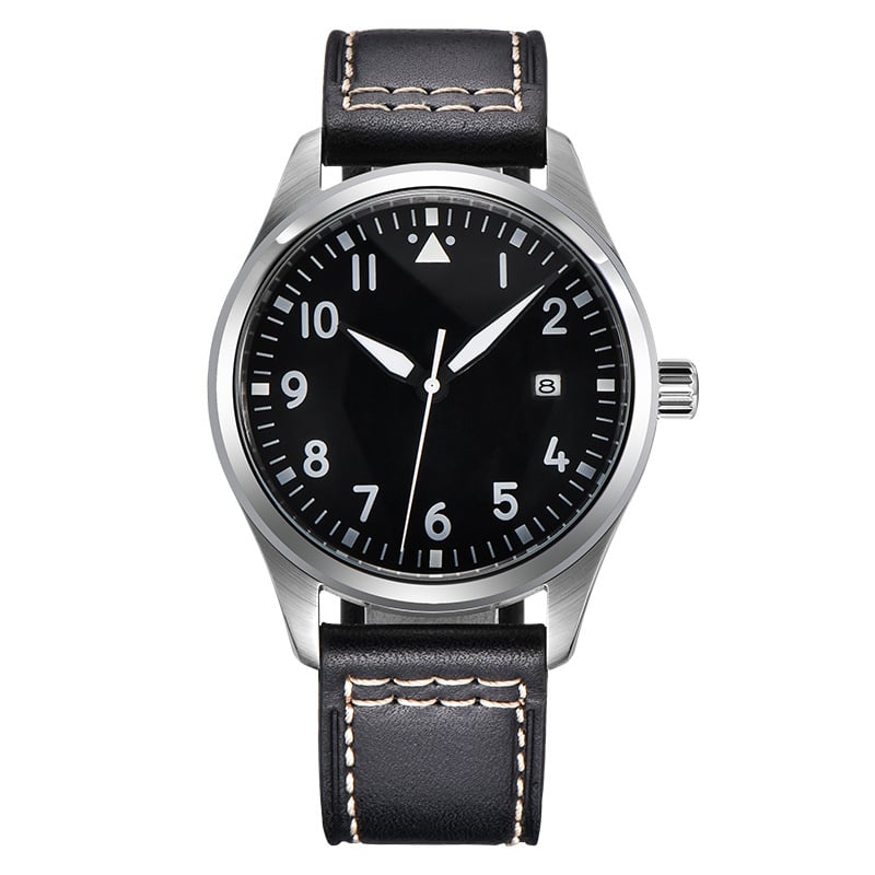 Mechanikus karóra lumineszkáló számlappal, rozsdamentes acél tokkal, bőrszíjjal, 30M vízállósággal