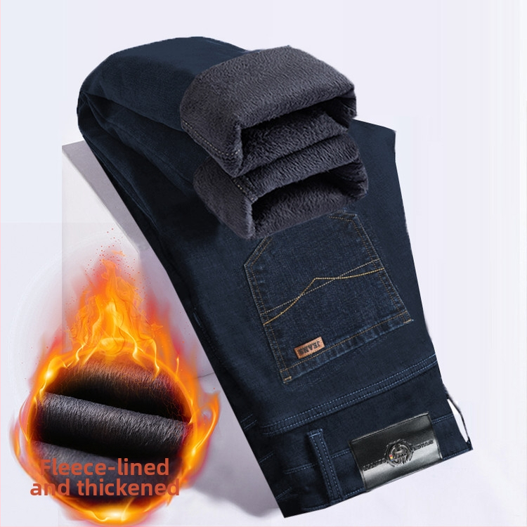 Pánske džínsy s fleecovou podšívkou, hrubšie, rovný strih, stredná pása, zips zapínanie, zimné nosenie (stredný pás, zips, fleecová podšívka, rovný strih)