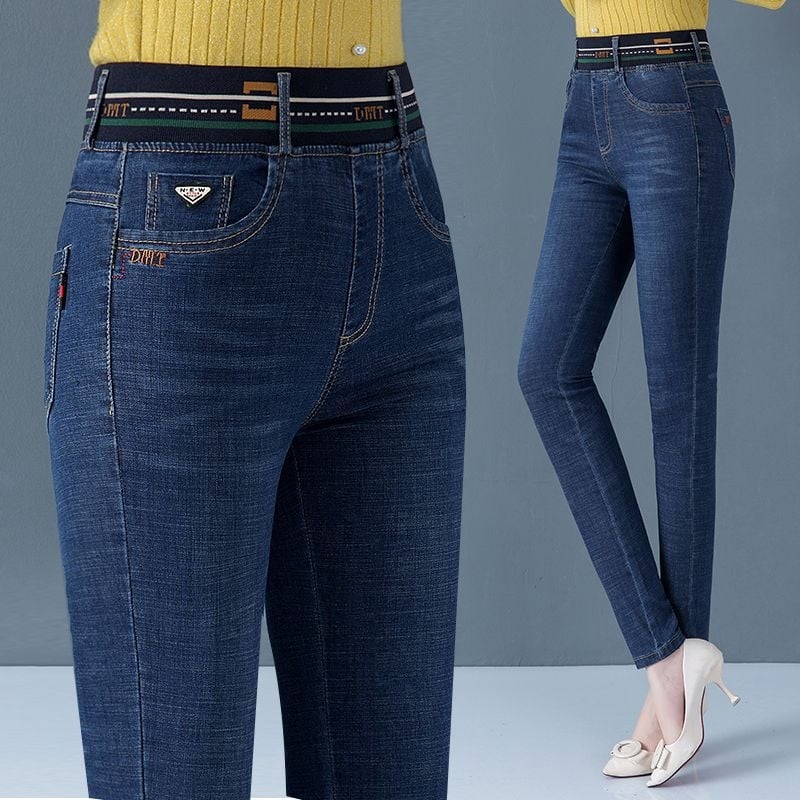 Γυναικείοι τζιν με υψηλή μέση, ελαστική ζώνη, ίσιο κόψιμο, κέντημα σε ντένιμ