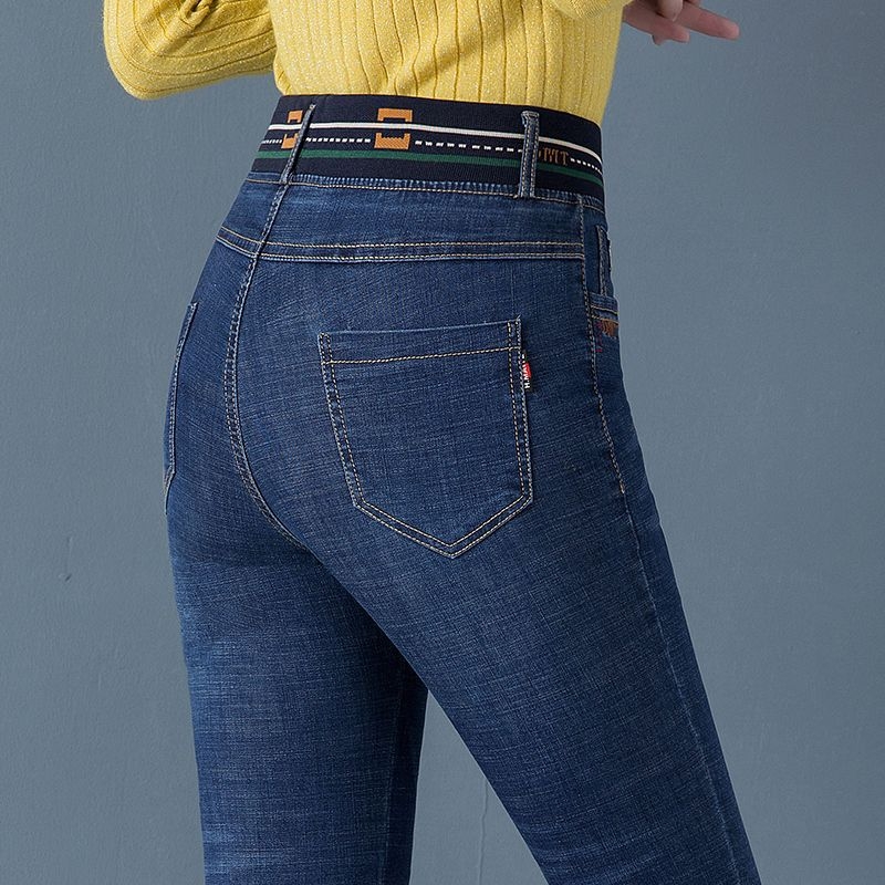 Γυναικείοι τζιν με υψηλή μέση, ελαστική ζώνη, ίσιο κόψιμο, κέντημα σε ντένιμ