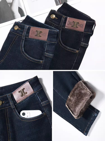 Τζιν γυναικών με ίσια γραμμή, επενδυμένα με φλίς και παχιά υφή, υψηλή μέση, κατάλληλα για τον χειμώνα