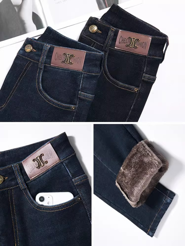 Τζιν γυναικών με ίσια γραμμή, επενδυμένα με φλίς και παχιά υφή, υψηλή μέση, κατάλληλα για τον χειμώνα