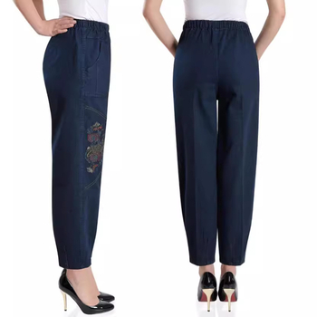 Γυναικείοι τζίν από ντένιμ με ψηλή μέση, κέντημα, lantern σιλουέτα, ίσια γραμμή, 90–95% βαμβάκι