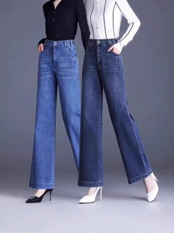 Jeans denim femei, talie înaltă, croială wide-leg, bumbac 70–80%, densitate medie, primăvara 2025, stil street hipster