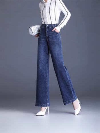Jeans denim femei, talie înaltă, croială wide-leg, bumbac 70–80%, densitate medie, primăvara 2025, stil street hipster