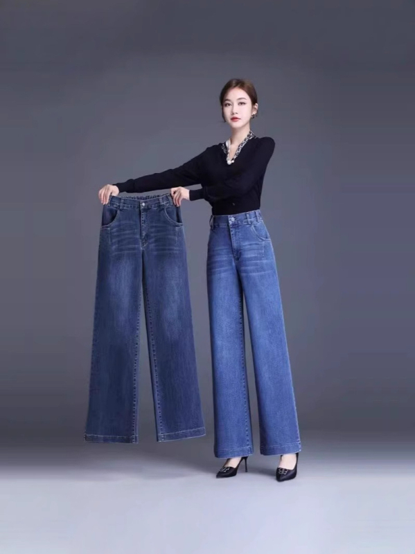 Jeans denim femei, talie înaltă, croială wide-leg, bumbac 70–80%, densitate medie, primăvara 2025, stil street hipster