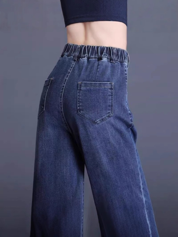 Jeans denim femei, talie înaltă, croială wide-leg, bumbac 70–80%, densitate medie, primăvara 2025, stil street hipster