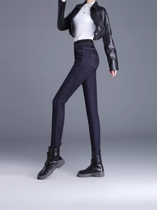 Γυναικείες τζιν στενές παντελόνες με βελούδινη επένδυση, υψηλή μέση, χειμερινό 2025, κομψό επαγγελματικό στυλ