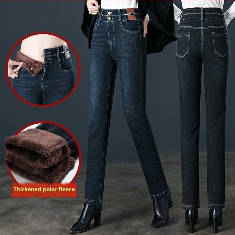 Γυναικείοι τζιν από ντένιμ με βελούδινη επένδυση για τον χειμώνα, υψηλή μέση, ίσια γραμμή