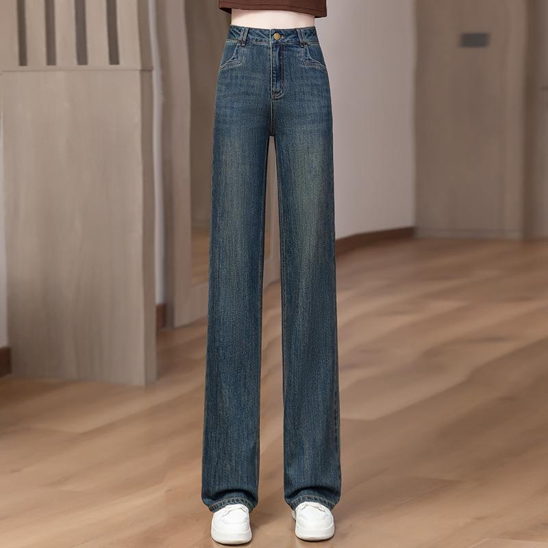 Τζιν από ντένιμ με υψηλή μέση, φαρδιά γραμμή, επενδεδυμένα με φλίς, μικροελαστικότητα, ίσια γραμμή (Χειμώνας 2025)