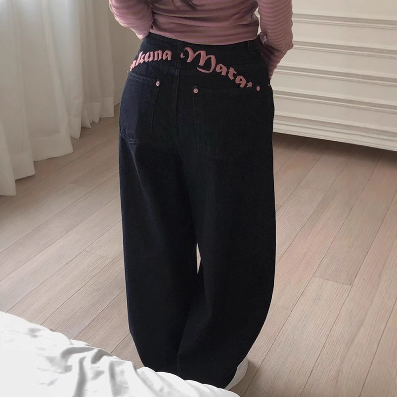 Τζιν με κέντημα γραμμάτων και εκτύπωση, ψηλόμεσο ίσιο κόψιμο, βαμβάκι-ελαστάνη ανάμειξη