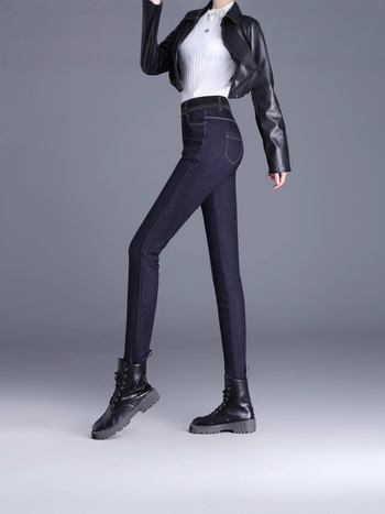 Γυναικείες denim skinny παντελόνες με βελούδινη επένδυση, υψηλή μέση, ζεστές, μικροελαστικές, χειμερινές 2025