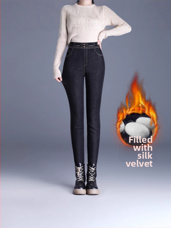 Γυναικείες denim skinny παντελόνες με βελούδινη επένδυση, υψηλή μέση, ζεστές, μικροελαστικές, χειμερινές 2025