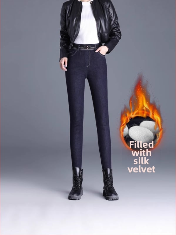 Γυναικείες denim skinny παντελόνες με βελούδινη επένδυση, υψηλή μέση, ζεστές, μικροελαστικές, χειμερινές 2025