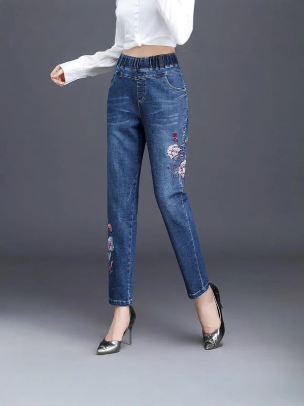 Γυναικείοι τζίν από ντένιμ με κέντημα, ψηλή μέση, φλις επένδυση, στενή γραμμή σε στυλ Χαρέμ με ελαστικότητα