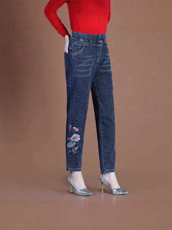 Γυναικείοι τζίν από ντένιμ με κέντημα, ψηλή μέση, φλις επένδυση, στενή γραμμή σε στυλ Χαρέμ με ελαστικότητα