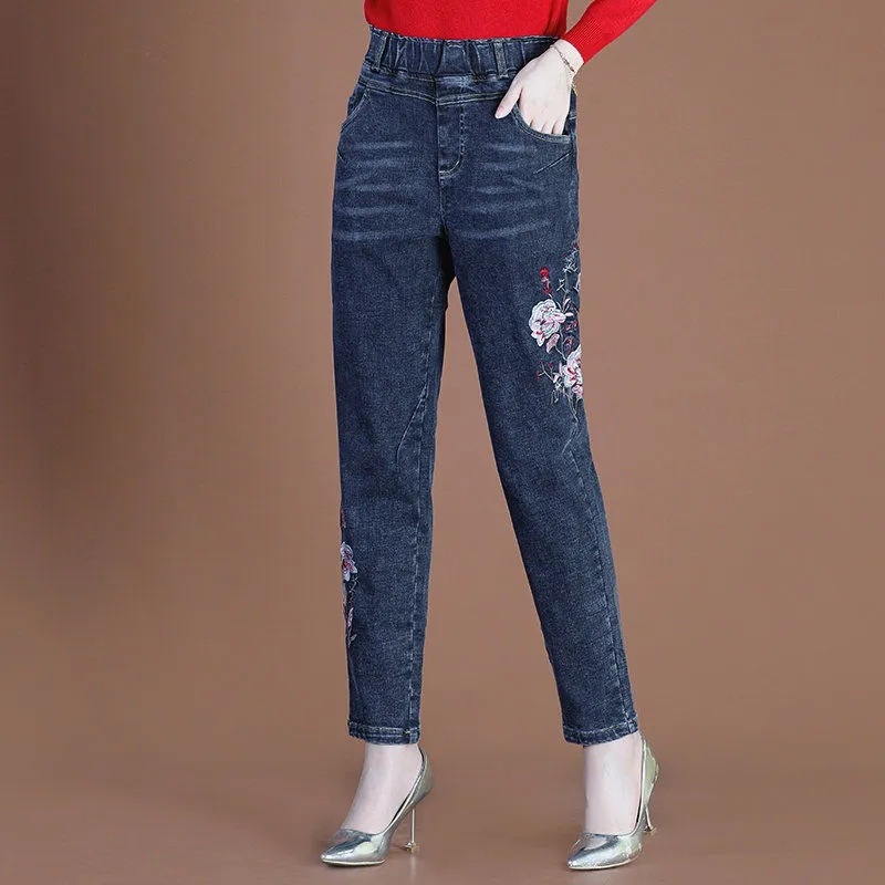 Γυναικείοι τζίν από ντένιμ με κέντημα, ψηλή μέση, φλις επένδυση, στενή γραμμή σε στυλ Χαρέμ με ελαστικότητα