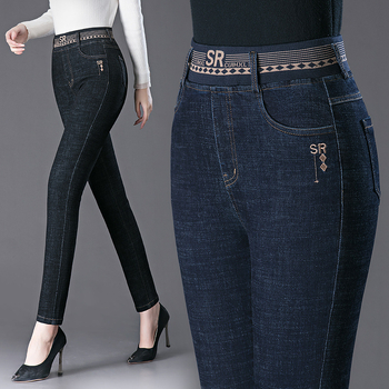 Γυναικείοι τζίν με υψηλή μέση και ελαστικό denim – ίσια γραμμή, ανάμειξη βαμβακιού-πολυεστέρα, μεσαίου πάχους