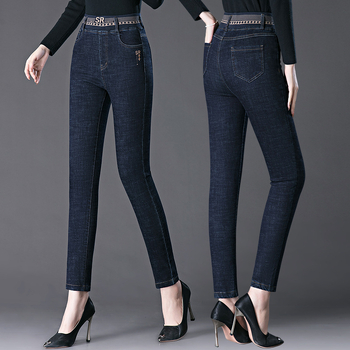 Γυναικείοι τζίν με υψηλή μέση και ελαστικό denim – ίσια γραμμή, ανάμειξη βαμβακιού-πολυεστέρα, μεσαίου πάχους