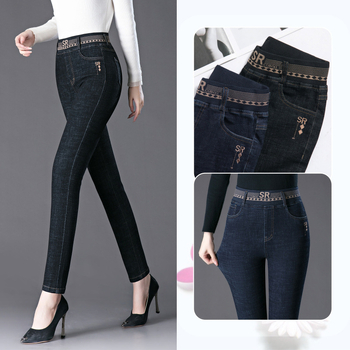 Γυναικείοι τζίν με υψηλή μέση και ελαστικό denim – ίσια γραμμή, ανάμειξη βαμβακιού-πολυεστέρα, μεσαίου πάχους