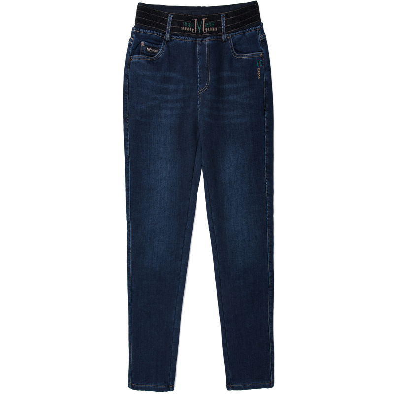 Τζιν με fleece επένδυση για γυναίκες, ψηλή μέση, ίσια γραμμή, denim από βαμβάκι-σπάντεξ, χειμώνας 2025