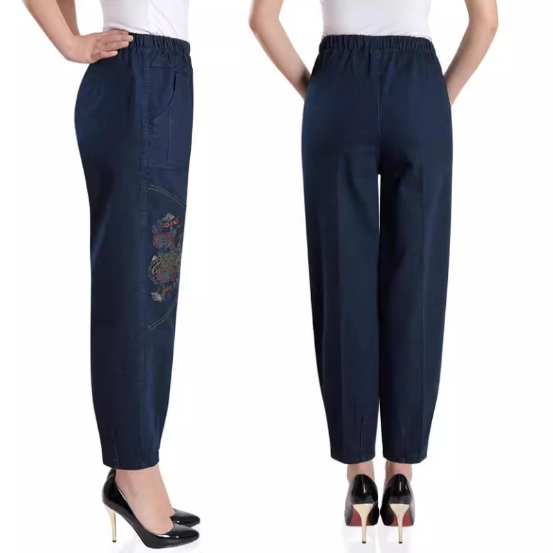 Γυναικείες τζίνς με κέντημα, υψηλή μέση, ίσια γραμμή, ντένιμ, βαμβάκι 90–95%