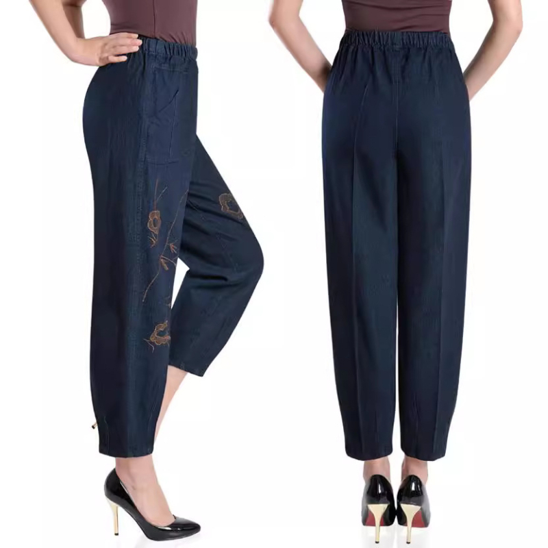 Γυναικείες τζίνς με κέντημα, υψηλή μέση, ίσια γραμμή, ντένιμ, βαμβάκι 90–95%