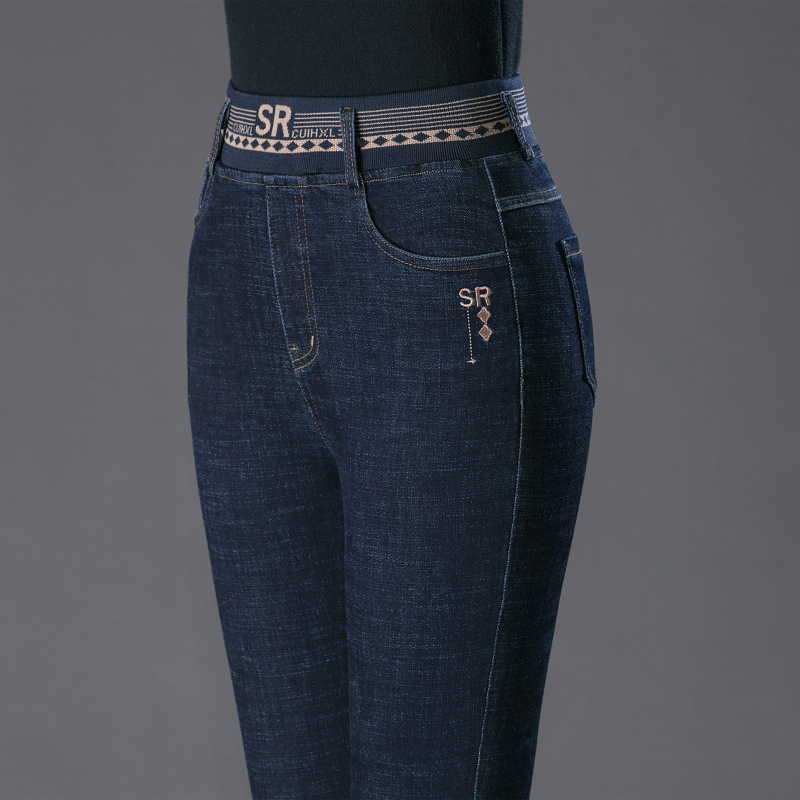 Τζιν γυναικών με υψηλή μέση, ίσιο μπατζάκι, ντένιμ, 70–80% βαμβάκι, ελαστικό, χωρίς σιδέρωμα