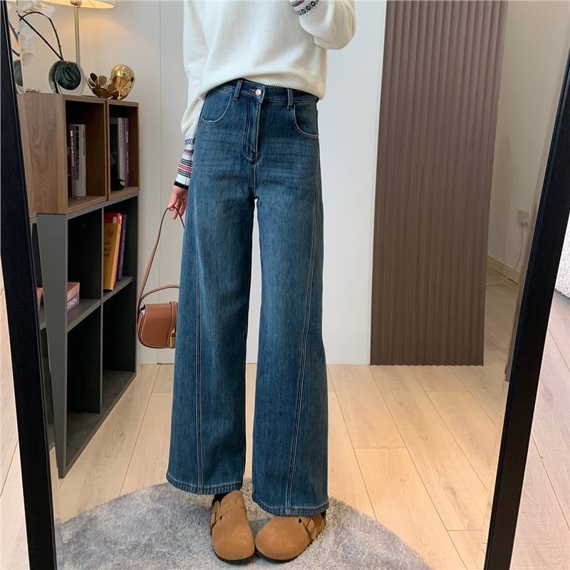 Τζιν από ντένιμ με ψηλή μέση και φαρδιά πόδια (ντένιμ ύφασμα; επένδυση φλίς; υψηλή μέση; φαρδιά γραμμή)