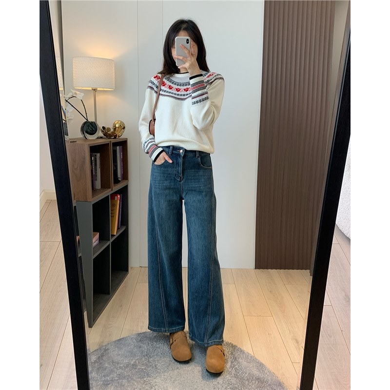 Τζιν από ντένιμ με ψηλή μέση και φαρδιά πόδια (ντένιμ ύφασμα; επένδυση φλίς; υψηλή μέση; φαρδιά γραμμή)