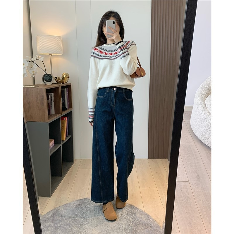 Τζιν από ντένιμ με ψηλή μέση και φαρδιά πόδια (ντένιμ ύφασμα; επένδυση φλίς; υψηλή μέση; φαρδιά γραμμή)