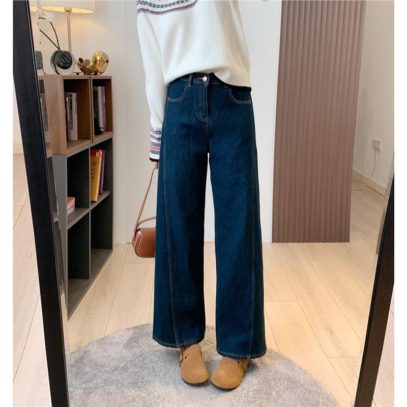Τζιν από ντένιμ με ψηλή μέση και φαρδιά πόδια (ντένιμ ύφασμα; επένδυση φλίς; υψηλή μέση; φαρδιά γραμμή)