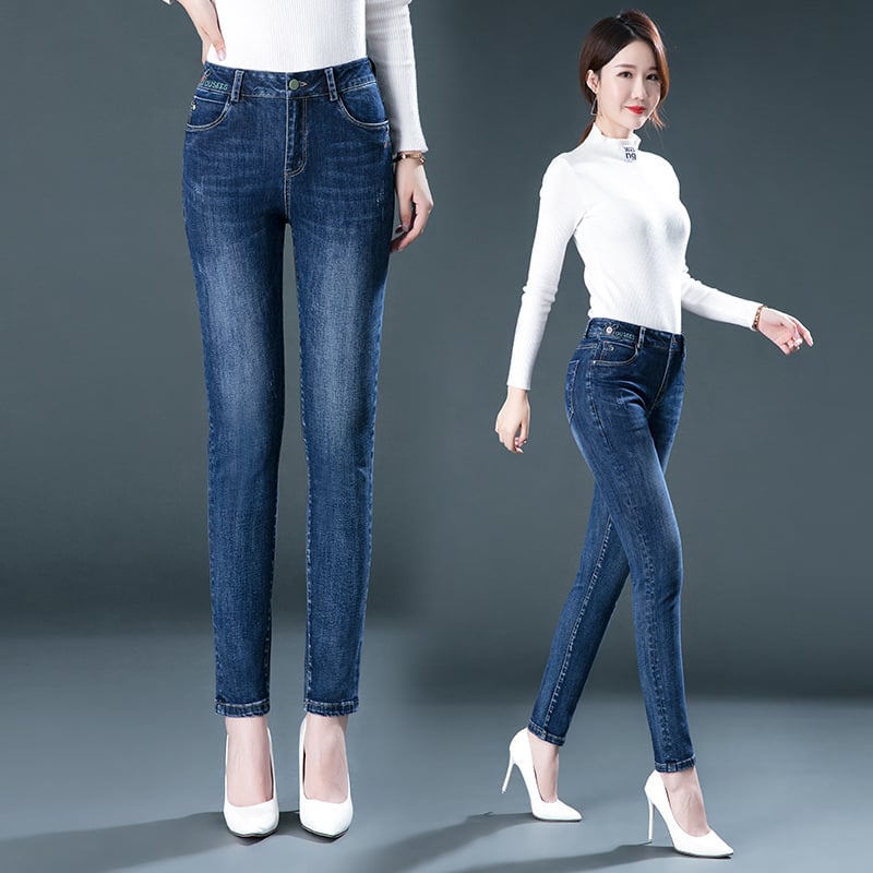 Τζιν γυναικών - Υψηλή μέση, ίσια γραμμή, ελαστικό denim, βαμβάκι 70–80% (<30% πολυεστέρας), χωρίς σιδέρωμα