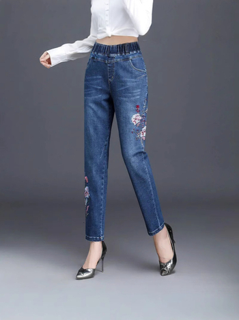 Γυναικείες τζίν από ντένιμ με ψηλή μέση, ελαστικό ύφασμα, στενές γραμμές, στυλ Χαρέμ