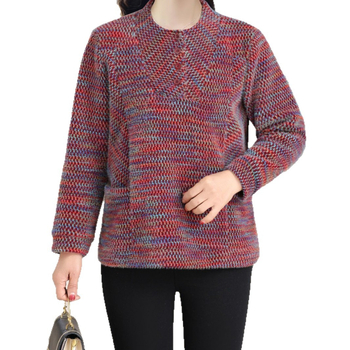 Top tricotat căptușit cu fleece, cu glugă, pentru femei de vârstă mijlocie și în vârstă; croială lejeră; amestec bumbac-poliester (30–50% bumbac, 30–50% poliester); model gradient; mâneci lungi; guler rotund.