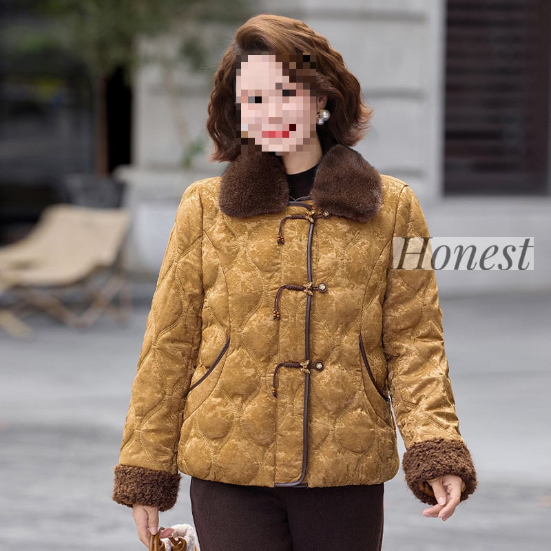 Moteriška gobtuvinė striukė su gėlėtu spaudu, laisvas kirpimas, užtrauktukas, vidutinio storio, ilgis 50–65 cm, apykaklė su reveru, imitacinė kailio apykaklė, užpildas poliesteris-pamugas