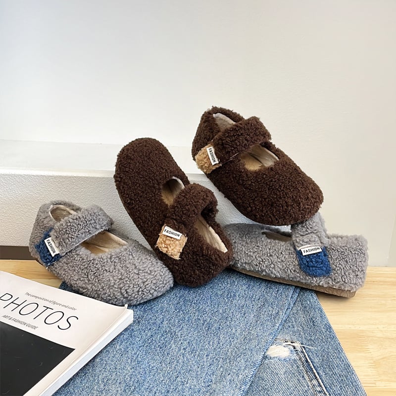 Mary Jane dječje plišaste cipele, debeli plišani gornji dio, Velcro kopča, gumena potplat, korejski stil, za uzrast 1–3 godine