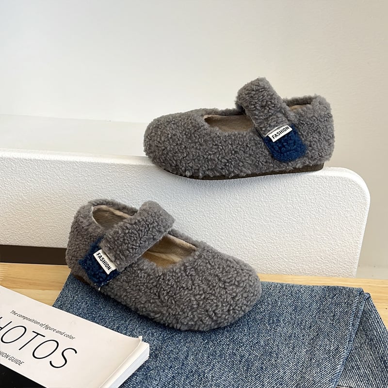 Mary Jane dječje plišaste cipele, debeli plišani gornji dio, Velcro kopča, gumena potplat, korejski stil, za uzrast 1–3 godine