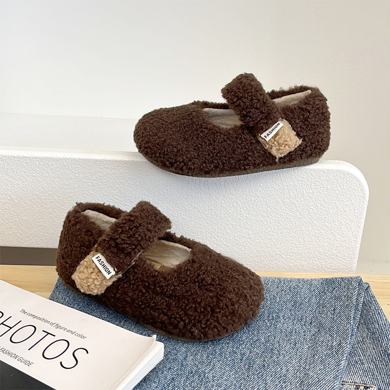Mary Jane dječje plišaste cipele, debeli plišani gornji dio, Velcro kopča, gumena potplat, korejski stil, za uzrast 1–3 godine