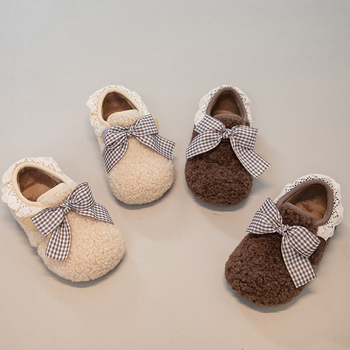 Loafers din pluș pentru copii iarna 2025: unisex, închidere Velcro, construcție groasă, talpă din cauciuc, stil coreean, toc mic, pentru copii 4–12 ani