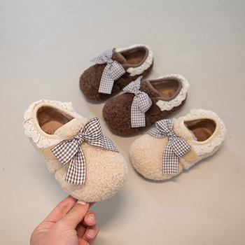 Loafers din pluș pentru copii iarna 2025: unisex, închidere Velcro, construcție groasă, talpă din cauciuc, stil coreean, toc mic, pentru copii 4–12 ani